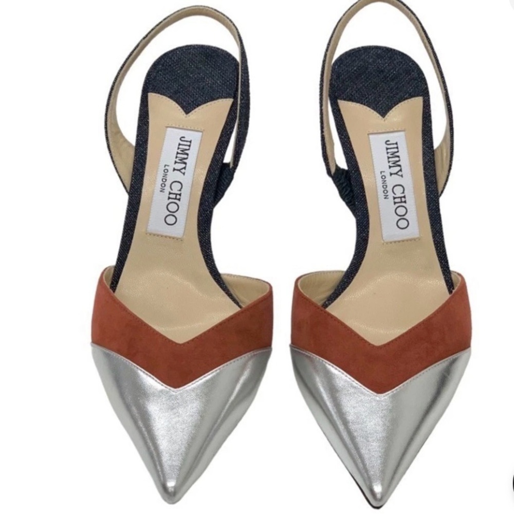 New! Never Worn! Jimmy Choo Denim, Silver and Rust Women's Heels
